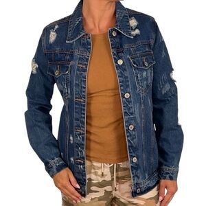 Iris distressed button front blue denim jacket size medium